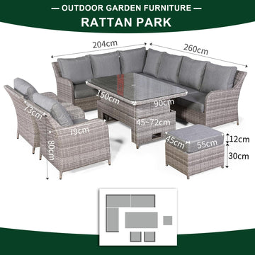 Sicily Elite Left Hand Corner Set with Rising Table and Two Chairs in Grey Weave(#919)